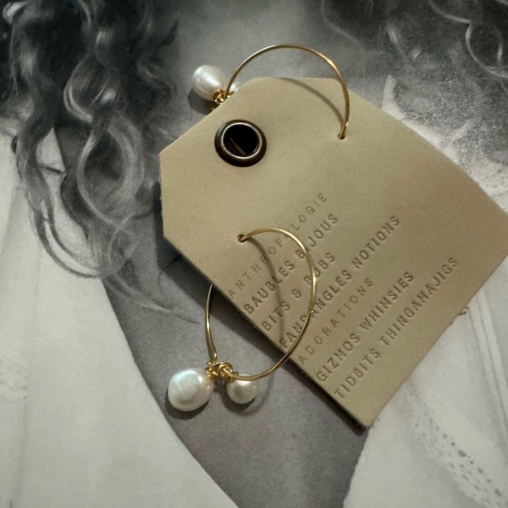 New -  Anthropologie Gold and White Pearl Drop hoop Earrings - Picture 3 of 3